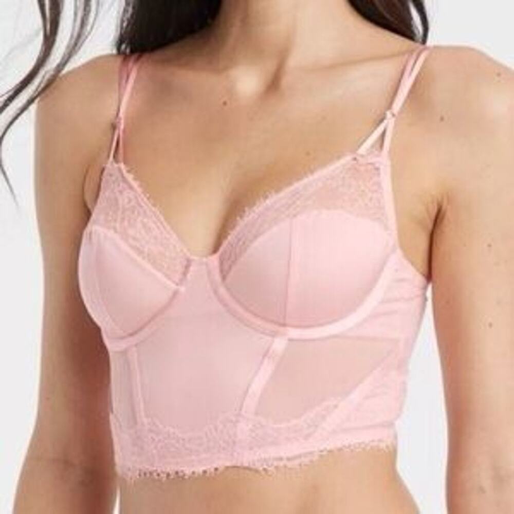 Auden Womens Small Pink Lace Bustier Bra Mesh Underwire Lingerie NWT